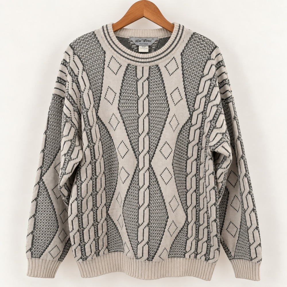 Da Vinci California Vintage Cable Knit Sweater Mens Medium Cream Gray Geometric